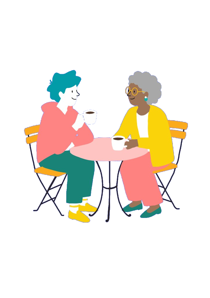 Jongere en senior drinken samen koffie aan een tafeltje