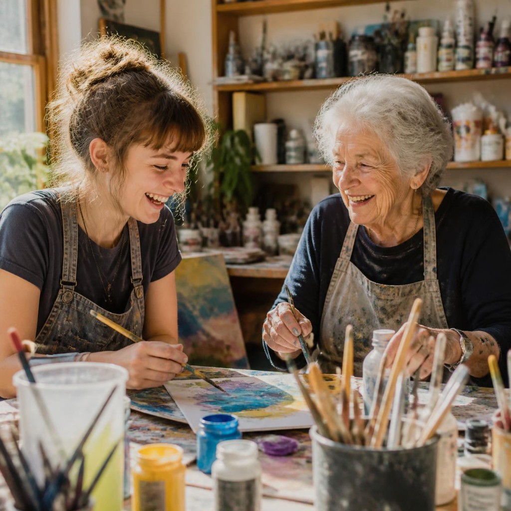Jongere en senior maken samen kunst in een atelier
